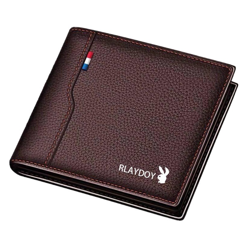 Men's short wallet multi-functional driving license lychee pattern ultra-thin PU oil side bag built-in zipper dark grid