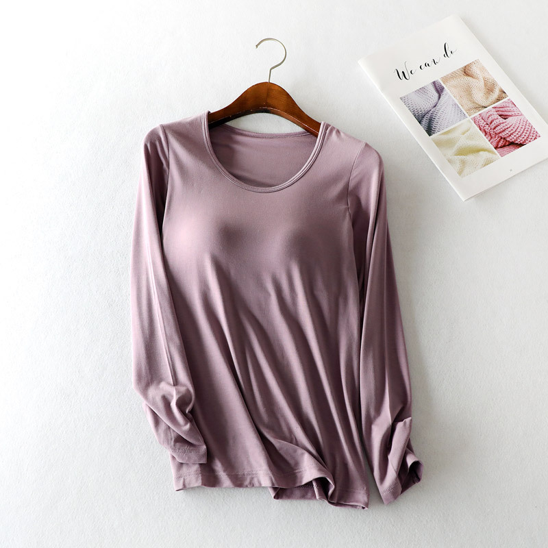 Modal women's long-sleeved pajamas with chest pad summer bra-free thin plus size solid color top home wear can be worn outside