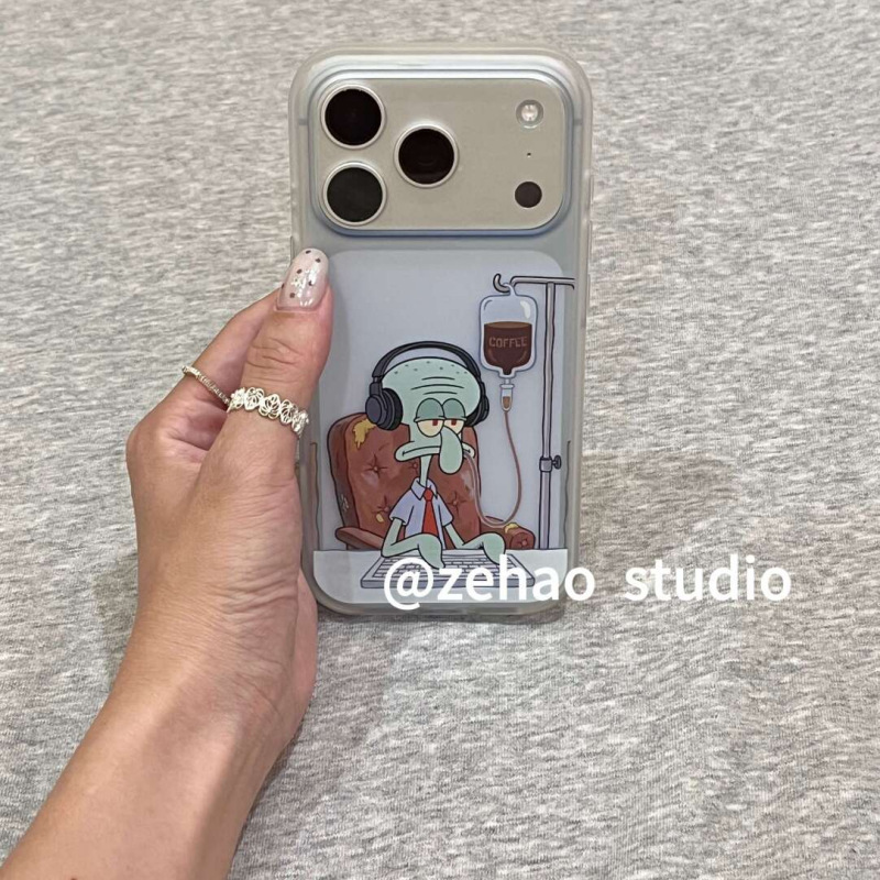 Frosted Translucent Blue Squidward-Themed Case Suitable for Apple 18 Pro Max, New iPhone 16 Protective Cover 17