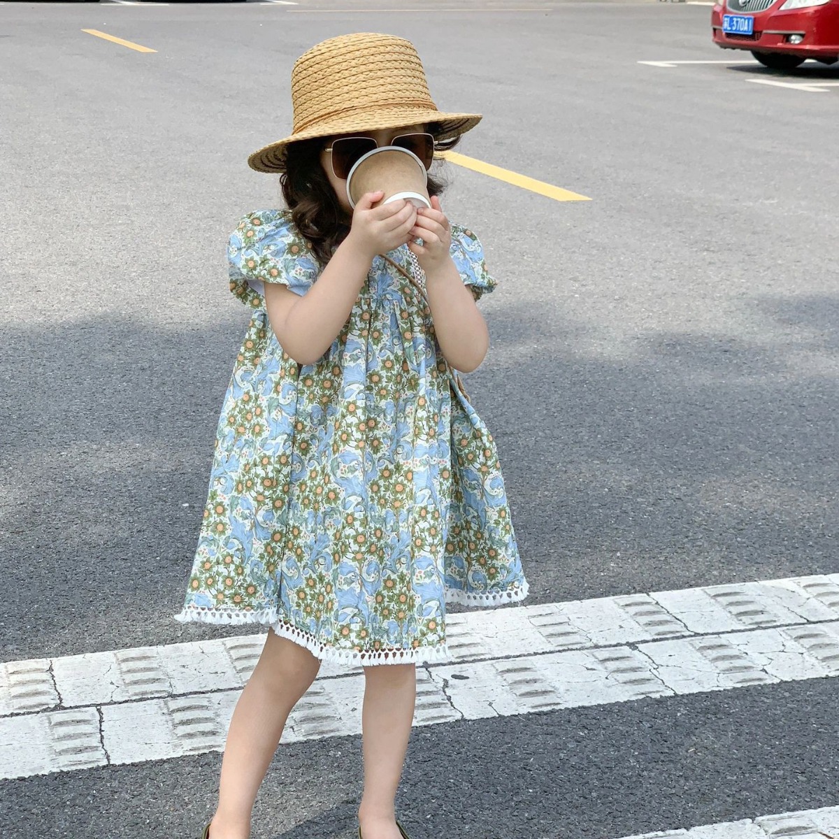 Korean style children's clothing girls' summer blue floral skirt French style sweet princess dress puff sleeve short sleeve dress