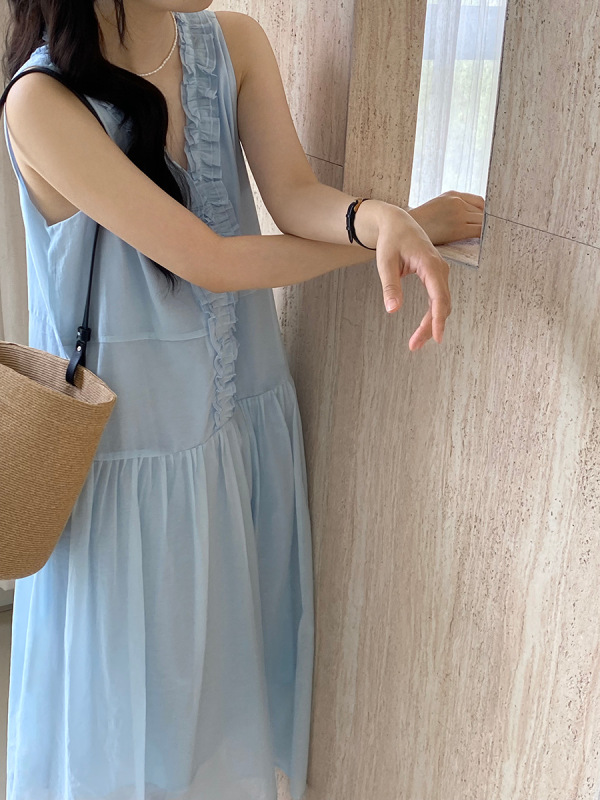 江左韓国スタイル怠惰なスタイルスカート V ネックドレス女性の夏の菌カジュアルノースリーブベストロングスカート 1575|undefined