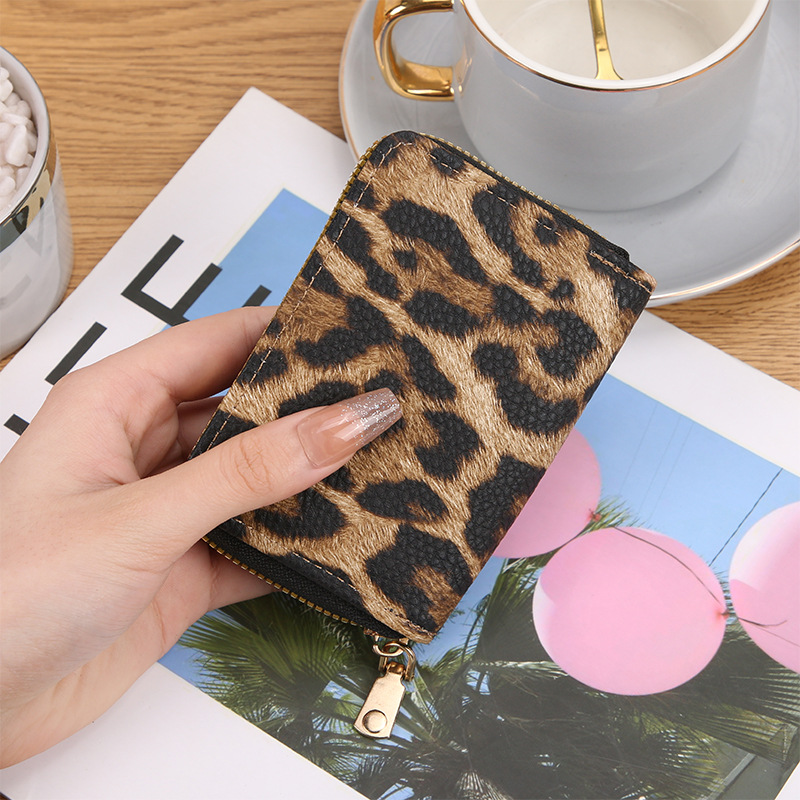 Nieuwe luipaardprint multi-kaartsleuf dubbele accordeonkaarthouder korte portemonnee ID-tas kaarthouder multi-kaartsleuf rits_voghion.com