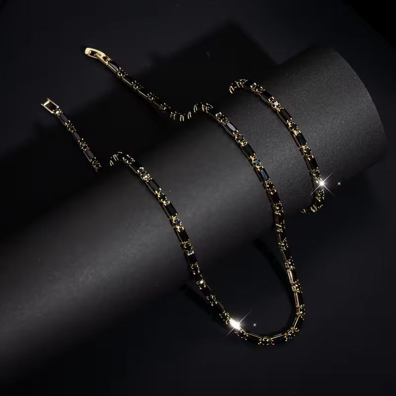 Cross-Border European and American Hip-Hop Men's Black Zircon Necklace and Bracelet, Simple and Luxurious, Amazon Best-Selling Fashion Set Wholesale
