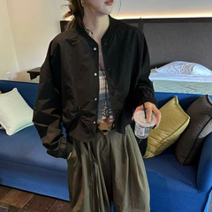 设计感立领短款棒球服外套女短款小个子2025秋季新款百搭褶皱夹克