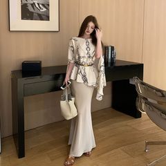 轻奢贵妇气质斗篷上衣女秋季设计感印花时尚高级缎面半身长裙套装