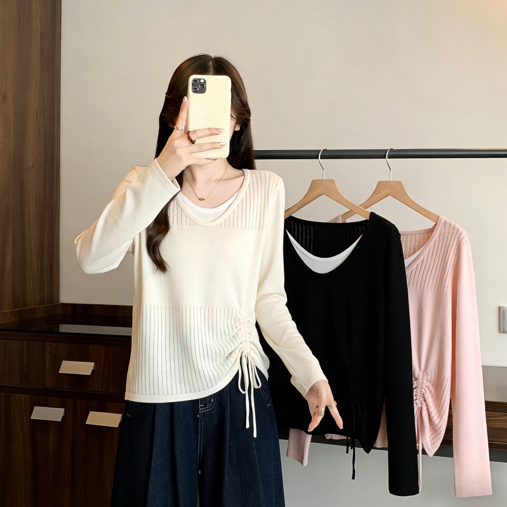 Real shot of 2026 Autumn Plus Size Women's Clothing, Fat MM Faux Two-Piece Knit Sweater Drawstring Slimming Base Layer Top 69409