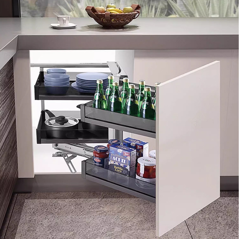 Cesta extraíble esquinera para armarios, totalmente abierta, para especias de cocina y platos pequeños, tipo cajón, de gran capacidad para almacenamiento en esquina.