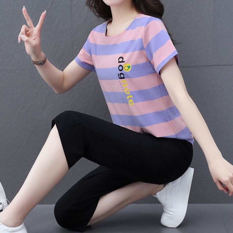 Thin Summer New Style 2026 Fashionable Casual Sports Suit for Women, Short-Sleeved Two-Piece Set for Short People, Cross-Border