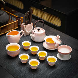 渐变功夫陶瓷茶具高档整套茶具德化简约渐变粉羊脂玉白瓷盖碗茶杯