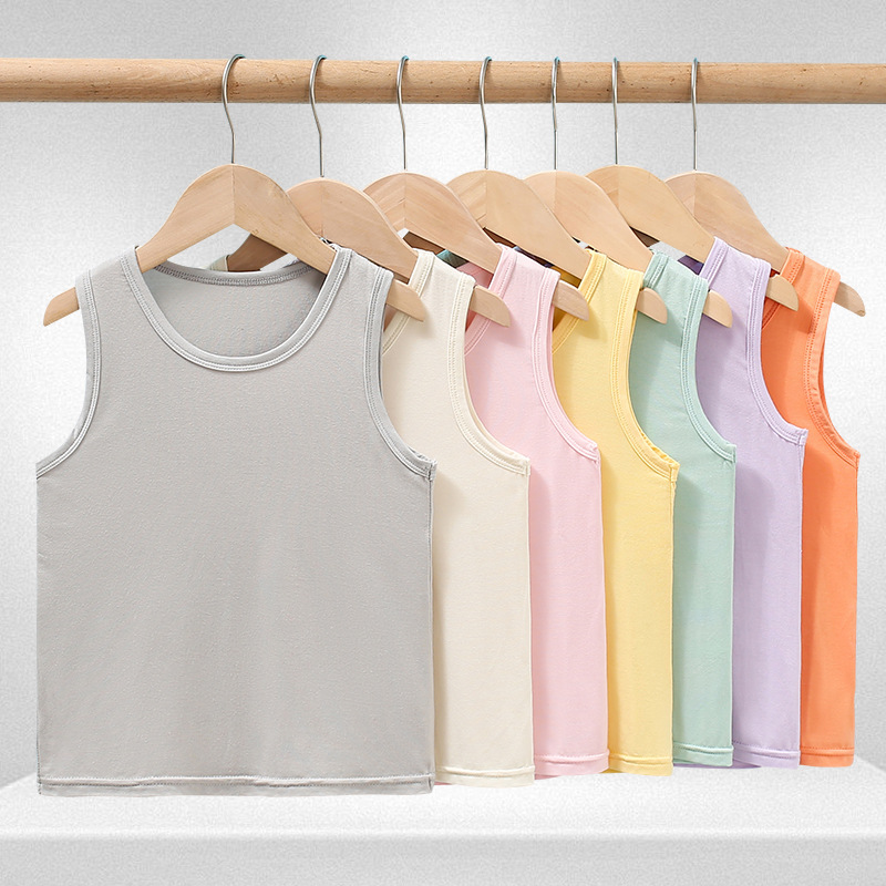 Chaleco modal para niños color sólido cuello redondo chaleco elástico transpirable absorción de humedad niños y niñas chaleco en forma de I verano para niños
