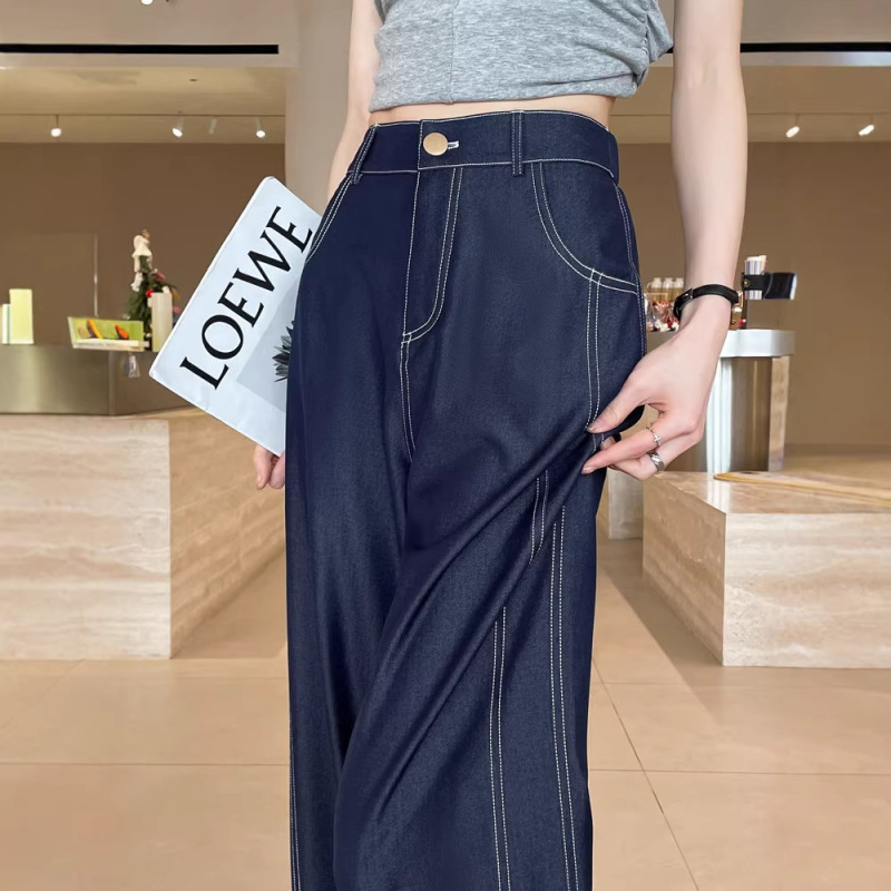 Lyocell Tencel Faux Denim Wide-Leg Pants, Thin High-Waisted Drapey Style, Petite Ice Silk Straight-Leg Jeans A10516