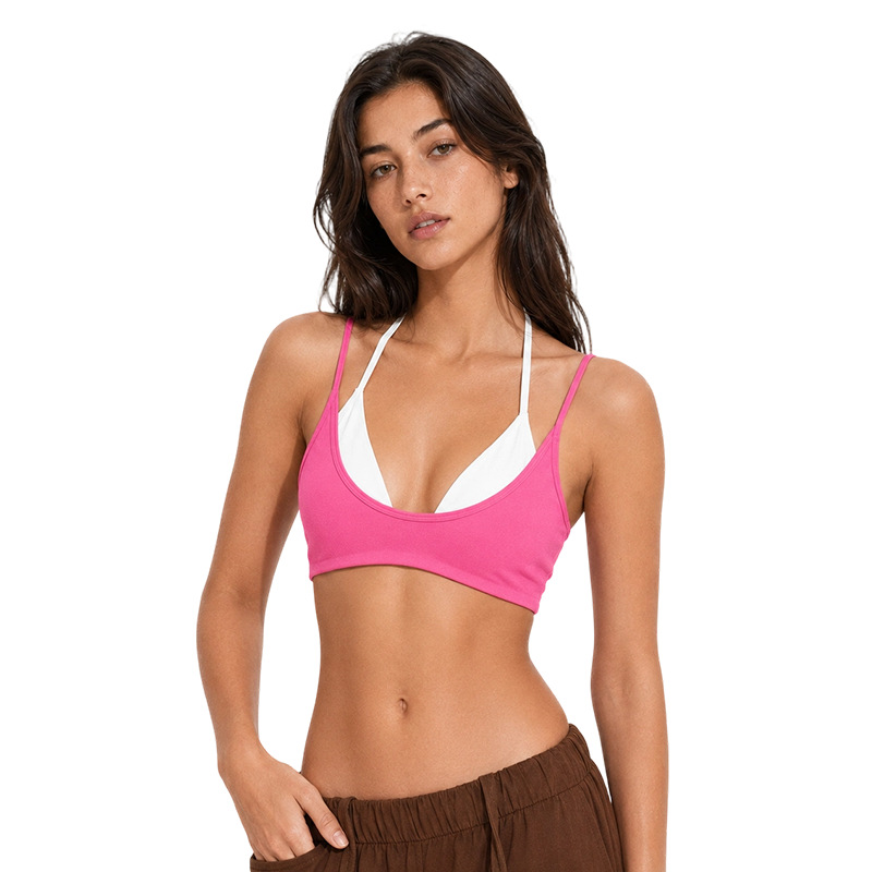 Europa y Estados Unidos de color transfronterizo falso empalme dos piezas chaleco deportivo cabina ropa de yoga hombro colgante cuello mujer con cojín de pecho
