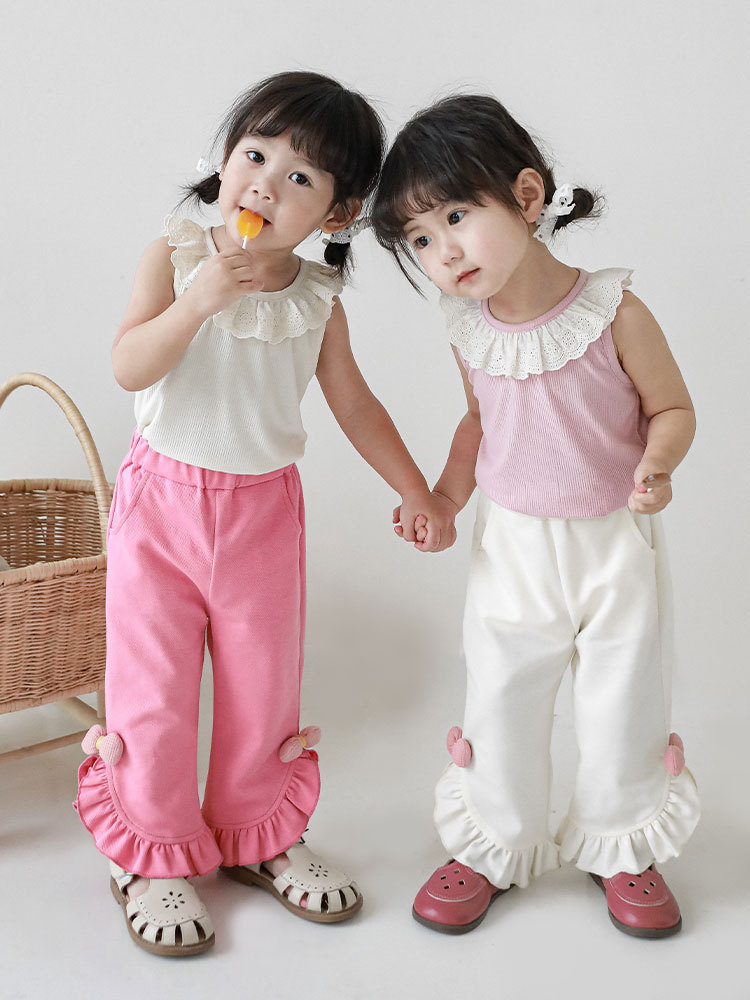 Qiududo muchachas lindas de encaje escote color sólido chaleco verano nuevos niños ropa estilo coreano del bebé delgada superior