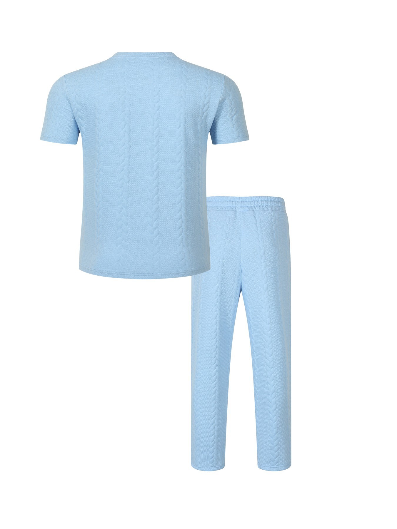 Men's Cable Knit Solid Color Jacquard Pullover Crew Neck Short Sleeve Trousers Casual Suit American Style Autumn New_viptrois.com