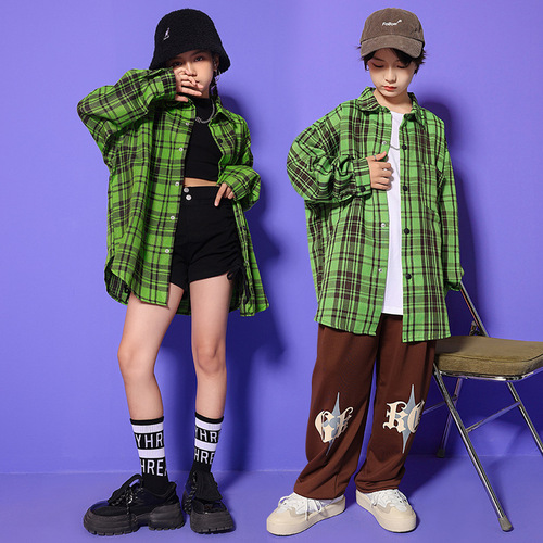 Green plaid hiphop rapper Street children wet suit boy hip-hop hiphop loose plaid shirt Hip hop street jazz dance performance uniforms show girls clothing