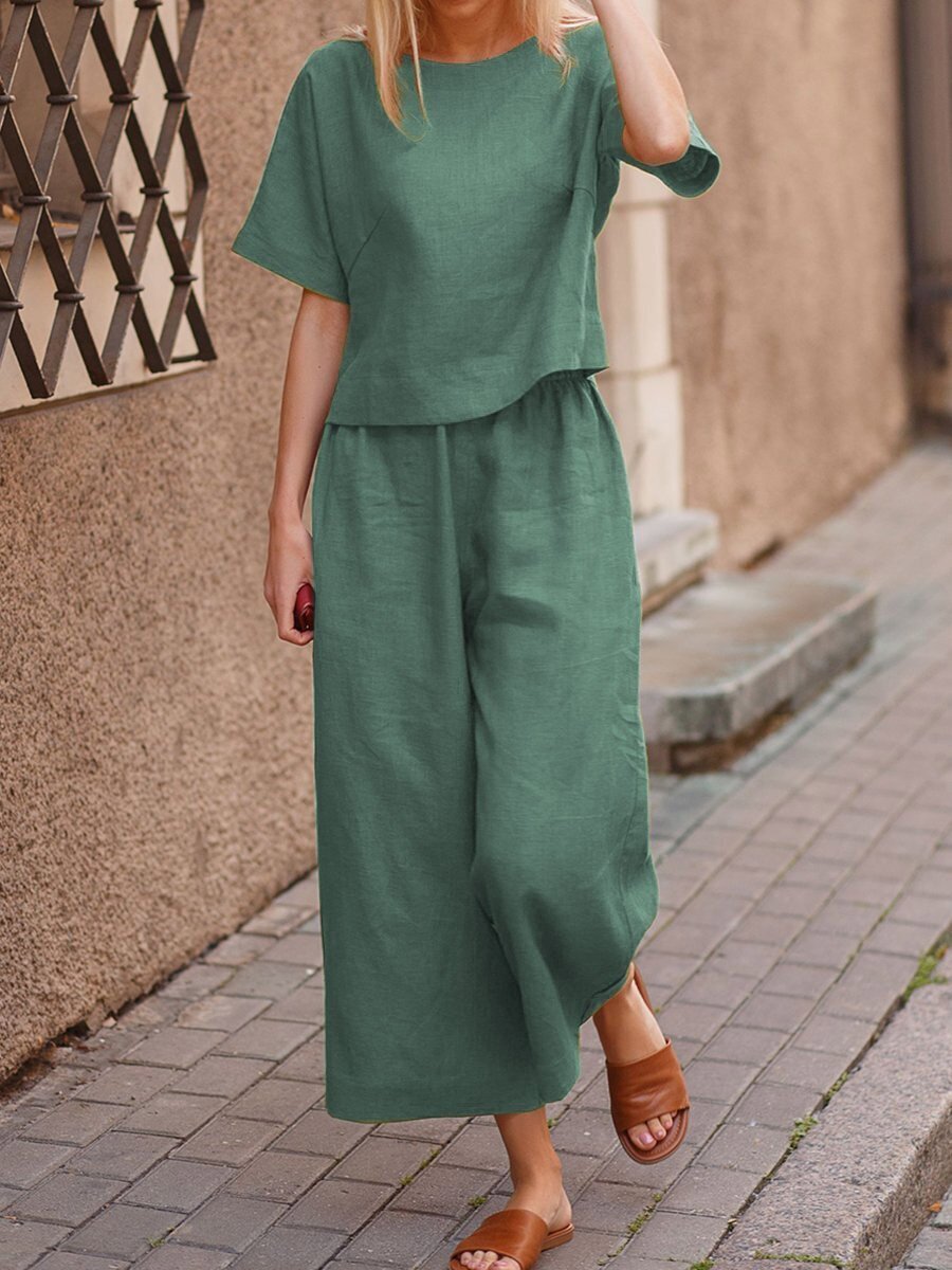 short-sleeved round neck high waist wide-leg loose solid color t-shirt and pant set NSFH130034