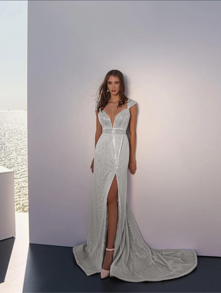 Comercio exterior de verano nueva ropa de mujer Amazon europeo y americano transfronterizo con cuello en V SLIM-Fit vestido de lentejuelas vestido de Split