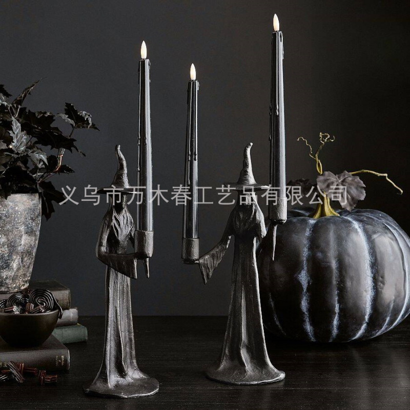 跨境新款Handmade Black Witch Statue 女巫雕像万圣节树脂烛台|undefined