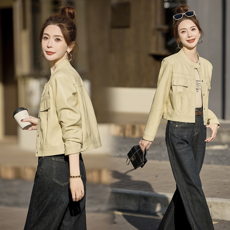 Haining Genuine Leather Women's 2025 New Short Korean-style Slim-fit Crewneck Sheepskin Jacket for Petite