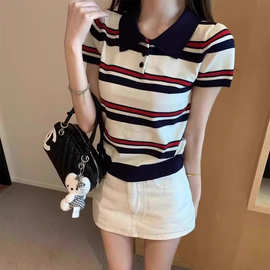 港味风格条纹短袖T恤女夏季新款polo领修身针织衫显瘦正肩上衣潮