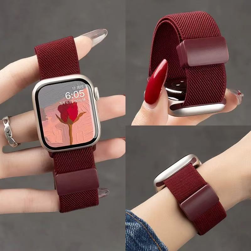 Suitable for apple watch iwatch10 strap applewatch9 magnetic attraction S8 loop 7SE wine red nylon