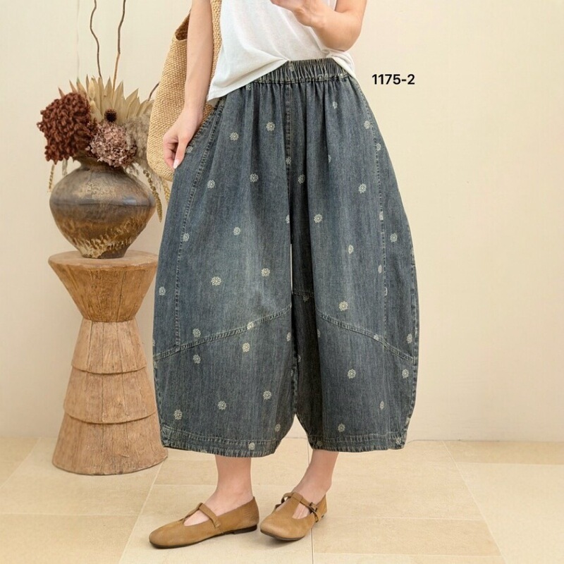 2026 Summer New Product Retro Polka Dot Elastic Waist Loose Denim Cropped Pants for Women Slimming Wide Leg Pants 1175