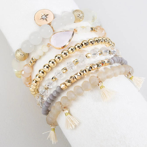 Korean Style Fashion Elastic Cord Multi-Strand Beads Lady Bracelet Set Retro Bohemian Fringe Pendant Jewelry for Women