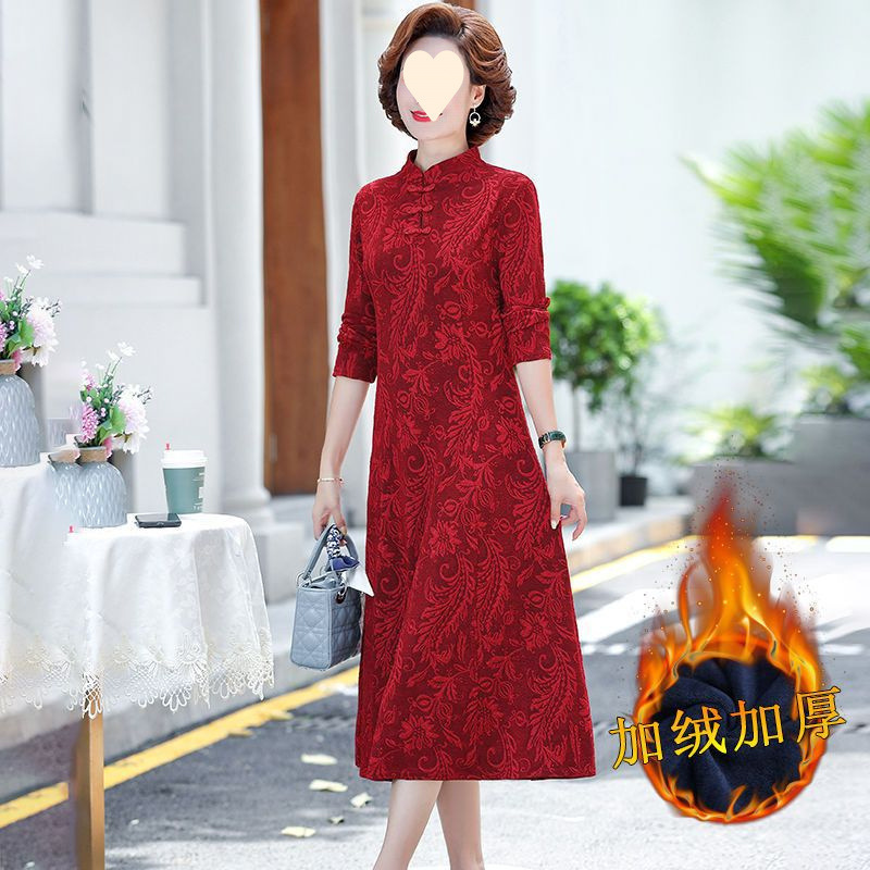 中年妈妈春秋新款改良旗袍裙子女加绒长袖过膝气质显瘦连衣裙|undefined