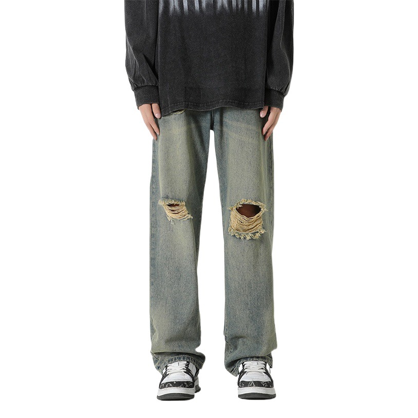 Pantalones vaqueros rasgados de los hombres de hip hop de la calle Otoño e Invierno nuevos pantalones sueltos de pierna ancha de la calle alta pantalones americanos azules retro de los hombres
