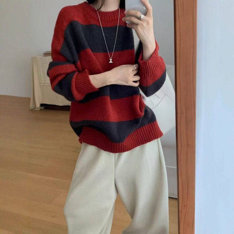 蓝色条纹毛衣女秋冬加厚内搭套头高级感软糯浣熊绒针织打底衫上衣|undefined