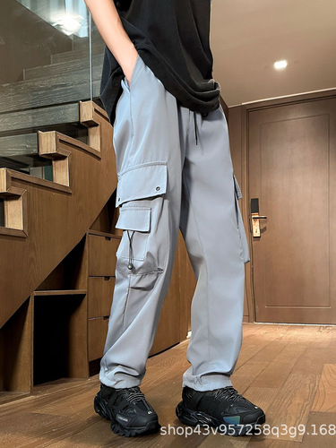 Japanese retro work pants for men, summer loose design, popular multi-pocket casual wide-leg floor-length pants