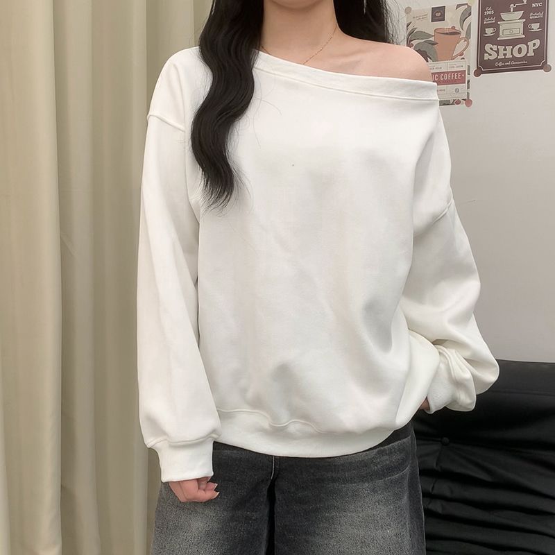 美式花灰色露肩斜肩卫衣女春秋季高级感宽松慵懒风斜角肩长袖上衣|undefined