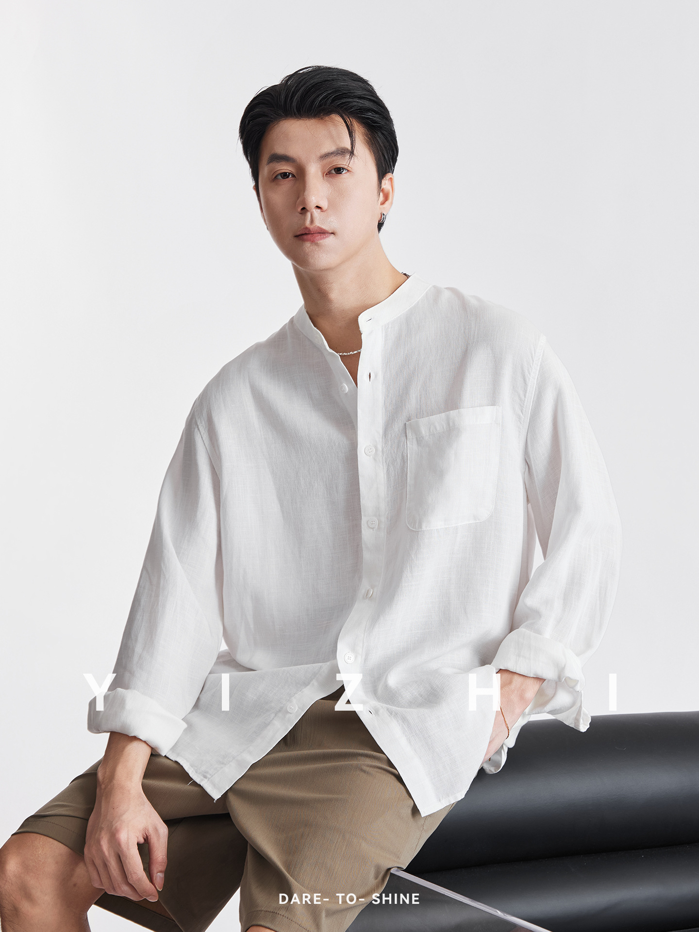 Áo sơ mi nam linen cổ đứng tay dài mùa hè, chất liệu lanh thoáng khí, phong cách Trung Hoa, túi đơn — Xanh navy