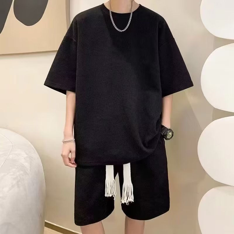 Estilo japonés waffle más tamaño traje juvenil verano casual deportes pantalones cortos de manga corta Camiseta de los hombres marca de moda de dos piezas conjunto