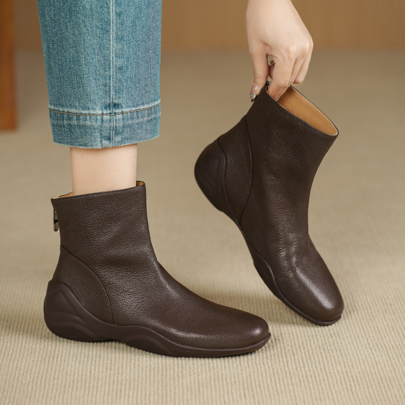 British Style Retro Low-Heeled Short Boots for Women Winter Genuine Leather Fleece-Lined Square Toe Single Boots Rear Zipper Boots Chelsea Boots