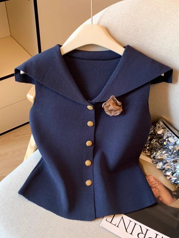 French-Style Navy Collar Sleeveless Vest for Women, Summer 2026 New Model, High-End Three-Dimensional Floral Design, Stylish and Slimming Top