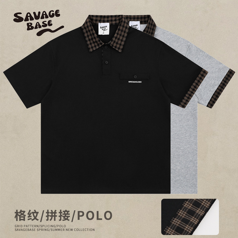 American Retro Plaid Fake Two-Piece Spliced ​​Polo Collar T-Shirt for Men and Women Summer Casual Preppy Style Half-Sleeved Top