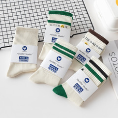 綠色笑臉運動襪韓國條紋女襪中筒襪吸汗男襪長襪潮流嘻哈白襪子