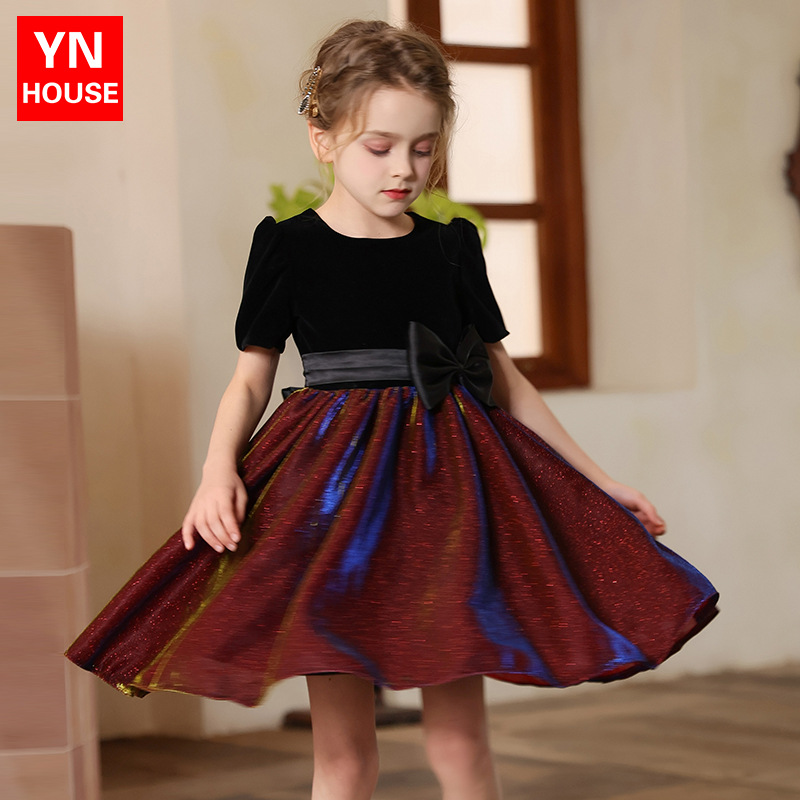 Vestido para niños, vestido de princesa de alta gama para niñas, coro de actuación para niñas, vestido de actuación de cumpleaños de manga corta