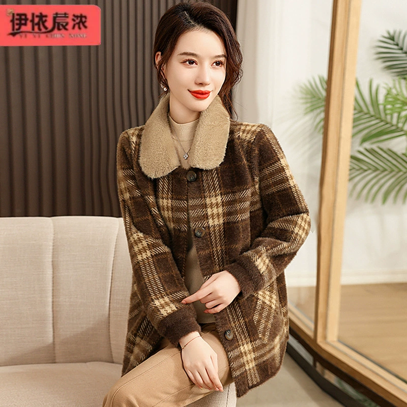 Зимнее клетчатое пальто для матери с лацканами, пальто из искусственного кашемира из норки, 50-летнее женское осенне-зимнее модное хлопковое пальто для женщин среднего и пожилого возраста