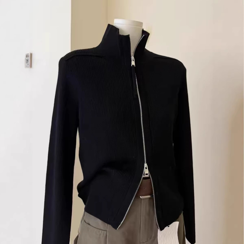 3873 Cool and Stylish Double-Zip Black Stand-Collar Ribbed Long-Sleeve Knit Cardigan for Women, New Niche Design Sweater Jacket