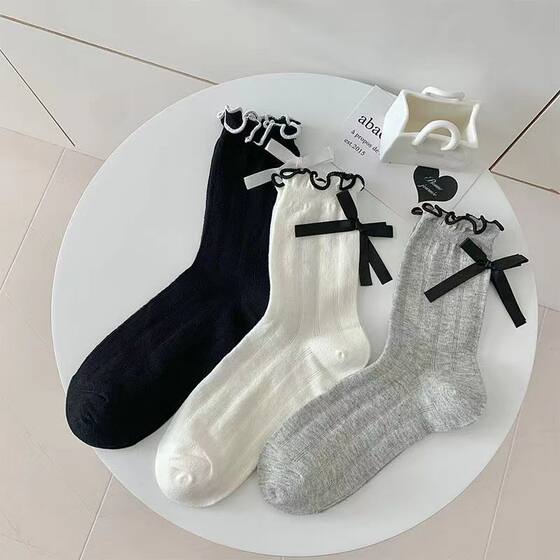 Heel Bow Socks Women's Mid-tube Socks Summer Thin Mesh Japanese Lace Girl's Ballet Style K-pile Socks