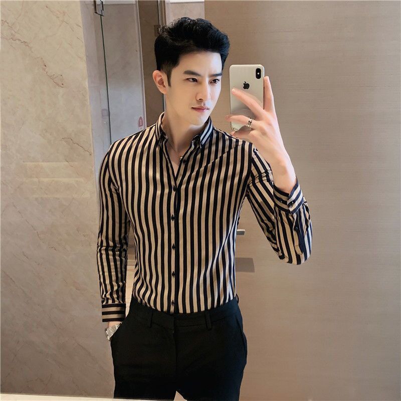 Camisas de manga larga para hombres Ropa de moda coreana para hombres guapos Tops de otoño para hombres de marca de moda Camisa larga a rayas casual