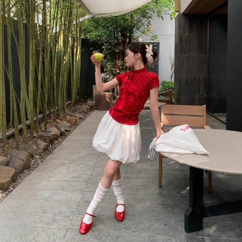 Pure Desire レッド水玉半袖 Tシャツ女性の夏の右肩スリム甘くてスリムなリボンストラップホットガールトップ|undefined