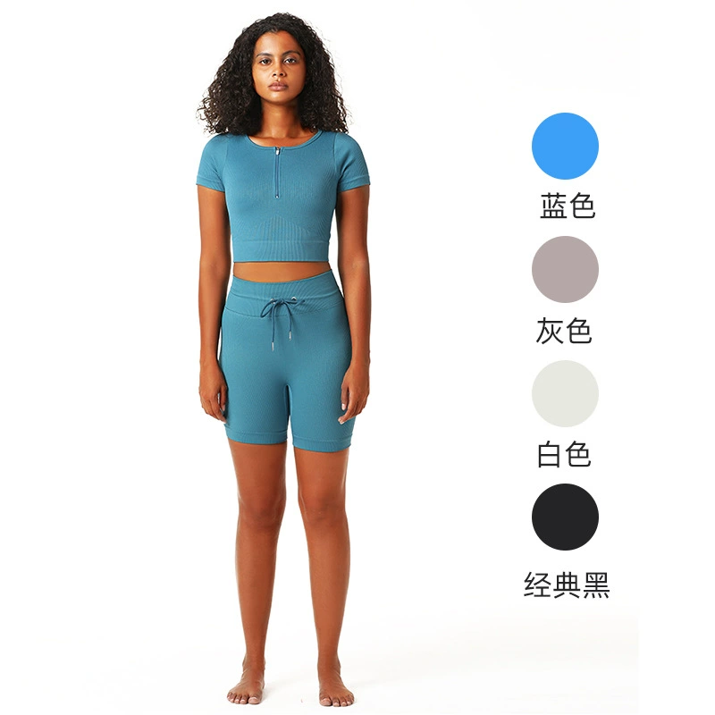 Quick dry leggings with zipper, sports yoga clothing, set, with short sleeve, tight, drawstring, for running