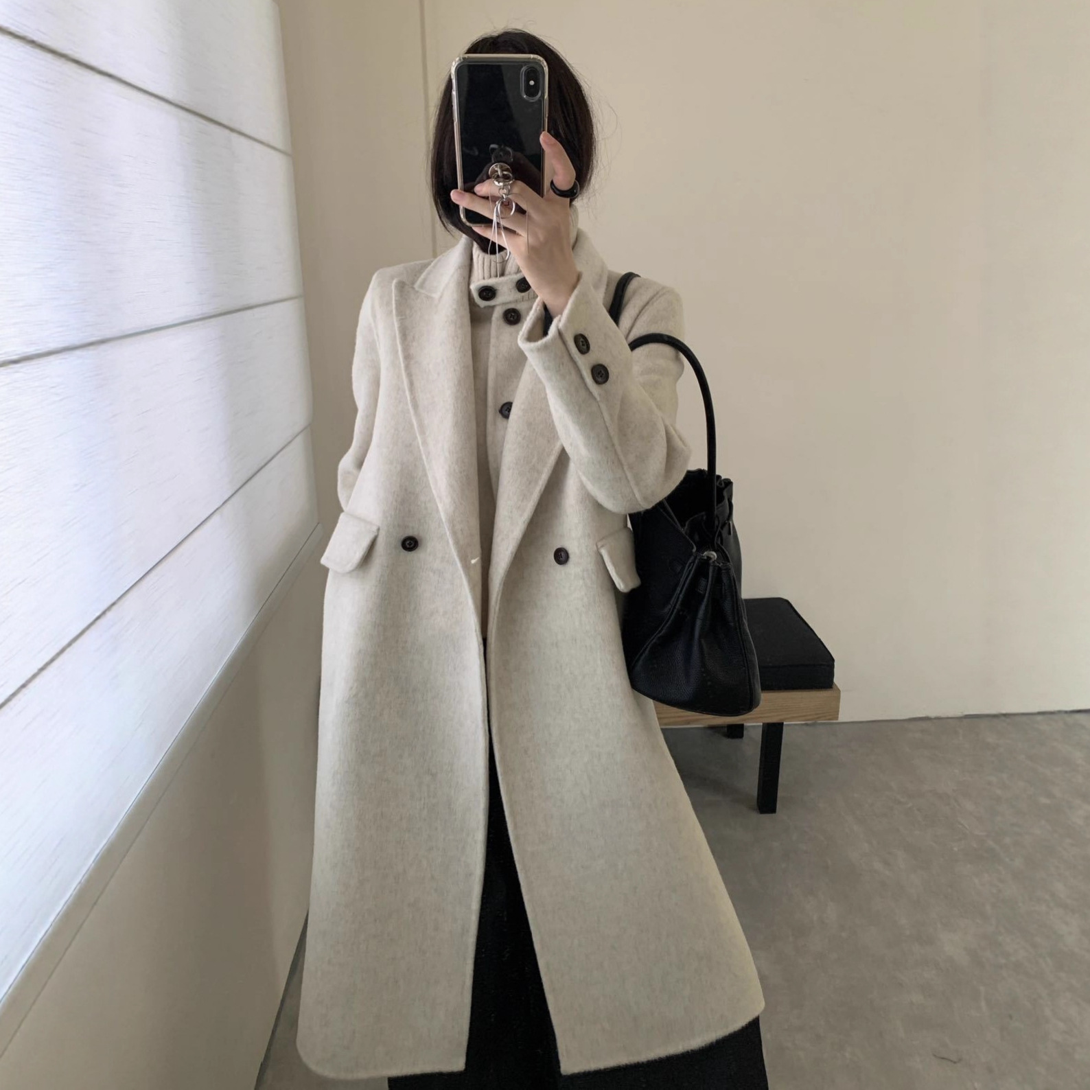 羊毛两件套2025秋冬加厚双面羊毛大衣长款针织立领西装款羊绒毛呢