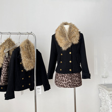“涩谷辣妹”法式复古气质修显瘦身貉子毛领呢子外套