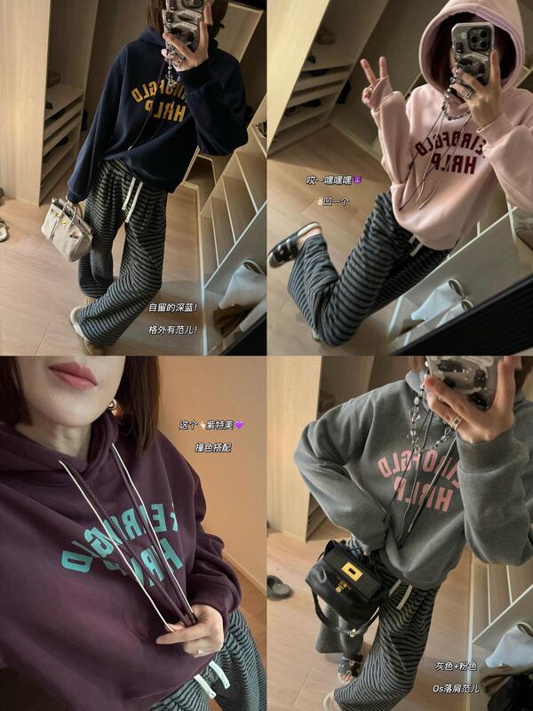 Early Winter Fire Wool Composite Fabric Popular Contrasting Color Double Drawstring Letter Hooded Fleece-Lined Sweatshirt F111511