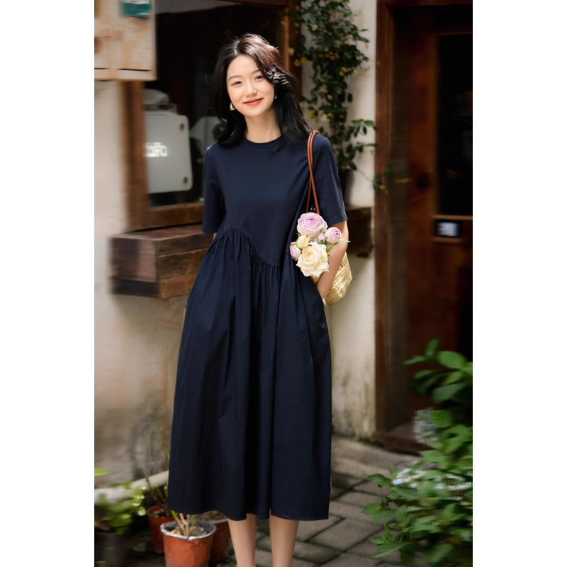 Korean and Japanese In-Stock Lightweight Choice Casual Elegant Structured Ruched Splicing Design Short-Sleeve Dress/Mid-Length Dress
