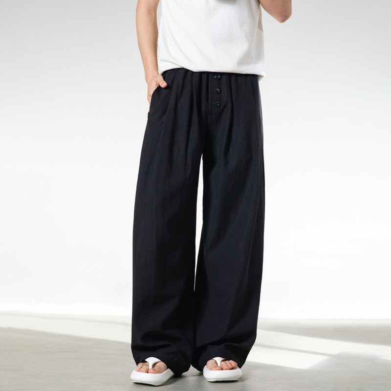 Imitation Cotton-Linen Texture Casual Pants, Spring/Summer Style, Color-Blocked Button Placket, Drapey Loose Fit, Trendy Straight-Leg Long Pants